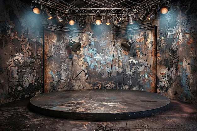 Pre-owned premium vintage stage med rostig bakgrund, distressed väggar och scenljus